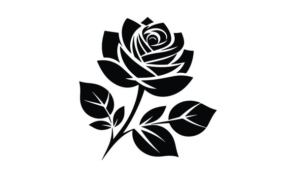 Black and white silhouette, stylized rose icon, minimalist floral design, graphic illustration, vector art, single stem, blooming flower, Roses tattoo. Black roses vector design.