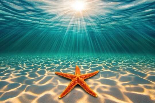 A vibrant underwater scene featuring a starfish, illuminated by sunlight filtering through the water, resting on a sandy ocean floor.