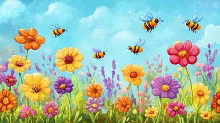 Vibrant meadow scene brimming with colourful flowers and buzzing honeybees