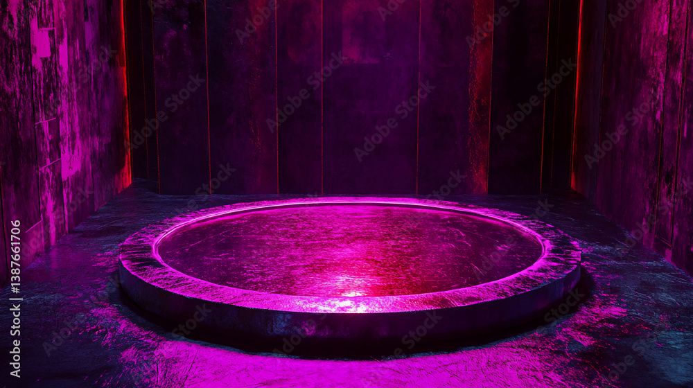 Aufkleber circular platform in a dark room, illuminated by vibrant purple and red lighting, creating a dramati