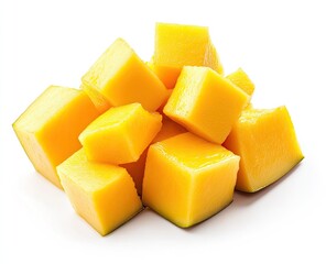 Fresh diced mango cubes.  A pile of vibrant yellow mango chunks, perfectly diced into bite-sized squares, sits against a pure white background.  The cubes are glistening and appear ripe and juicy