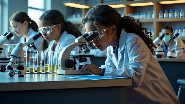 Focused students in lab coats using microscopes during science class in a modern laboratory with test tubes and shelves of glassware

