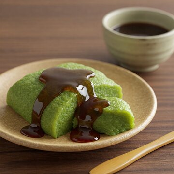 Traditional Japanese kusa mochi topped with kuromitsu syrup, served on a ceramic plate alongside a cup of tea.
