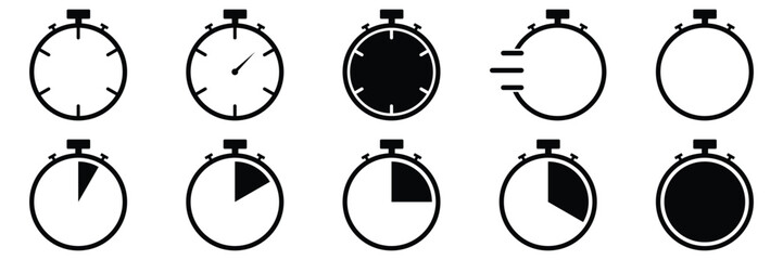 Stopwatch icons set. Timer symbol. Outline stopwatch icon. Alarm pictogram. 