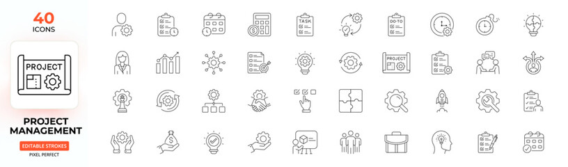 Project Management Line Icons – Planning, Teamwork, Tasks, Deadlines, Editable Stroke.