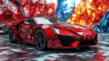 A sleek red low poly sports car with aerodynamic design is showcased against a vibrant backdrop of geometric crystal structures, highlighting its futuristic and luxurious