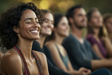 Fototapeta premium In a mindfulness class, a team of workers exhibit peacefulness and engagement, contributing to a culture of mental wellness