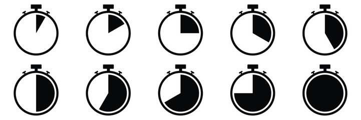 Stopwatch icons set. Timer symbol. Outline stopwatch icon. Alarm pictogram. 