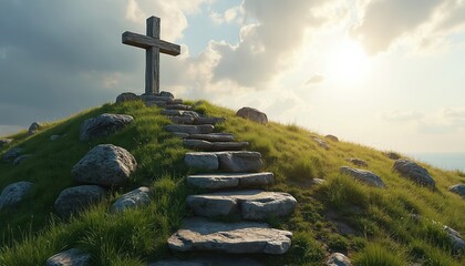 Wooden cross stands atop a green hill with stone steps leading towards it. Symbol of faith religion rises against a scenic cloudy sky. Pathway to heaven. Christian symbol.