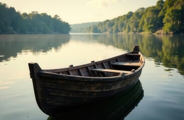 Obraz premium Serene wooden boat on tranquil lake with lush green trees