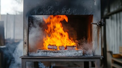 Obraz premium Industrial furnace with fire flames and smoke burning wood logs heat treatment metalworking process
