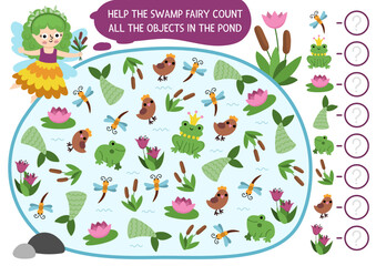 Fairyland I spy game for kids shaped as pond with frogs. Searching and counting activity with swamp fairy, reeds, lily. Fairytale printable worksheet. Simple fantasy spotting puzzle with little girl