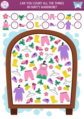 Fairyland I spy game for kids shaped as fairy wardrobe with clothes. Searching and counting activity with dress, shoe, hanger. Fairytale printable worksheet. fantasy spotting puzzle with little girl © Lexi Claus