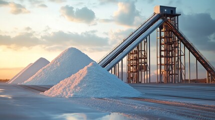 Salt production industry landscape salt piles and industrial machinery against sunset sky scene view 100
