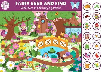 Fototapeta premium Fairyland vector searching game with enchanted garden landscape. Spot hidden animals. Simple magic fairytale seek and find printable activity for kids with flower fairy on swing, frogs, gazebo