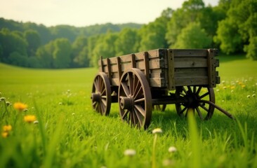 Fototapeta premium Antique wooden wagon on lush green field in sunny countryside landscape