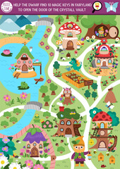 Vector fairyland searching game with enchanted forest landscape map, houses, fairies, garden. Spot hidden magic keys in picture. Simple fairytale seek and find printable activity for kids © Lexi Claus