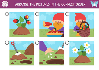 Naklejka premium Fairyland logical activity with garden gnome scenes. Arrange pictures in correct order. Action succession worksheet. Magic fairy puzzle with gnome planting seeds, eating berry. What comes first