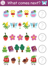 What comes next. Fairyland logical activity for preschool children with key, potion, flower, spell book. Woodland fairy logic succession worksheet. Fantasy forest or fairytale continue the row game