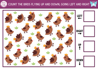 Fairyland, forest nature logic game with right, left, up, down concept for kids. I spy searching, counting activity with cute brown bird. Printable space orientation worksheet or puzzle for children © Lexi Claus
