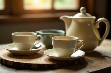Fototapeta premium Tranquil morning tea setting with teapot and cups on wooden table