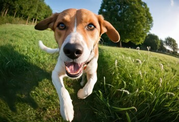 Foxhound dog  running in the countryside, dog playing outdoors on the meadown, black doggy in the nature, purebred canine on natural ambient