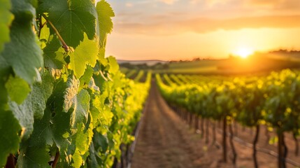 Scenic Sunset Over Beautiful Rows of Grapevines in a Pastoral Vineyard Landscape