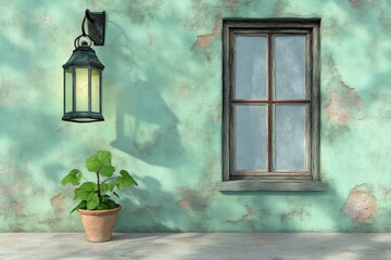 Rustic Exterior Wall with Window and Lantern
