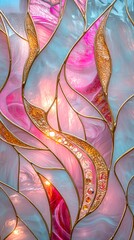 Mother of pearl stained glass background with light pink marble and gold details.