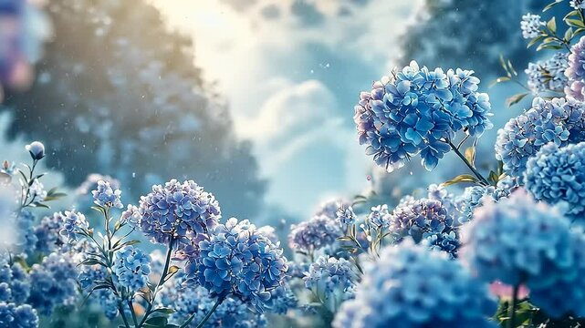 A serene garden scene featuring vibrant blue hydrangeas under soft sunlight with clouds