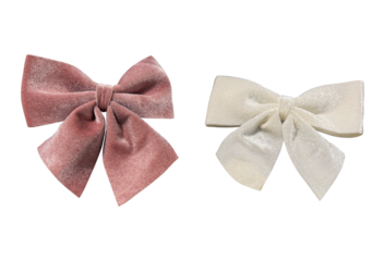 pink white velvet bow made of narrow ribbon on white background