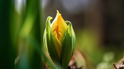 Obraz premium Macro Close-Up of Yellow Tulip Emerging from Leaves..Detailed View of Yellow Flower Bud in Early Bloom