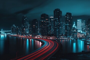 Obraz premium Cityscape illuminated at night with bridge and red light trails near the water. 