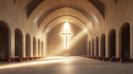 Obraz premium Church interior architecture design with cross and light rays christianity religion and worship place