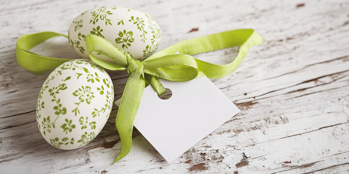 Two Easter eggs with green floral pattern, tied with a green ribbon and a blank tag, rest on a white wooden surface showcasing festive spring theme perfect for greeting cards or seasonal announcements