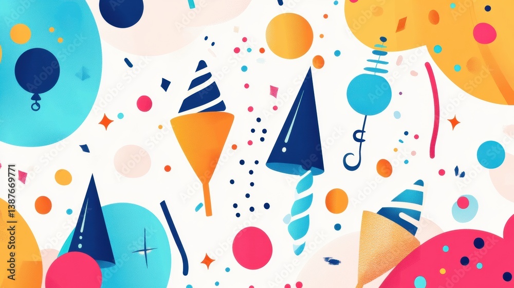 Poster Sleek modern party-themed logo with abstract celebratory icons and minimalistic typography on a vibrant yet soft background