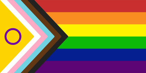 New LGBTQ pride flag. Updated intersex inclusive progress pride flag. Flat horizontal banner. Vector illustration