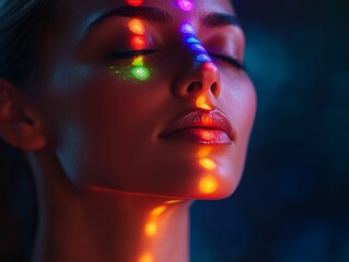 Beautiful woman with closed eyes illuminated by colorful rainbow lights on her face and neck. Concept of mindfulness, inner peace, chakra healing, light therapy, futuristic wellness and beauty, spirit