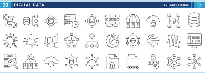 A set of line icons related to Digital Data. Digital, data, research, binary, protection, bugs, optimization, networking, and so on. Vector editable stroke.