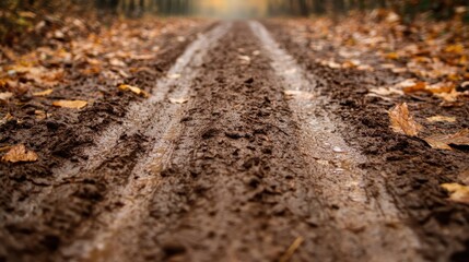 An inviting muddy road surrounded by colorful autumn leaves, showcasing the beauty of nature’s transformation and inviting adventure into the woods.