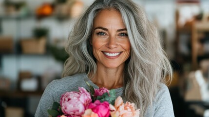 This joyful woman with flowing gray hair proudly displays a bunch of peonies, radiating happiness and warmth in a beautifully decorated cafe infused with natural light.