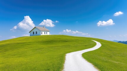 A small, white house sits atop a verdant hill. A winding, light-colored path curves through the lush grass towards it. The scene is idyllic, with a clear blue sky and fluffy white clouds. The image i