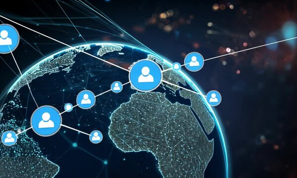 Global Communication Network with Data Particles Traveling Smoothly Along Lines Across 3D Earth Representation Made with Generative AI Technology