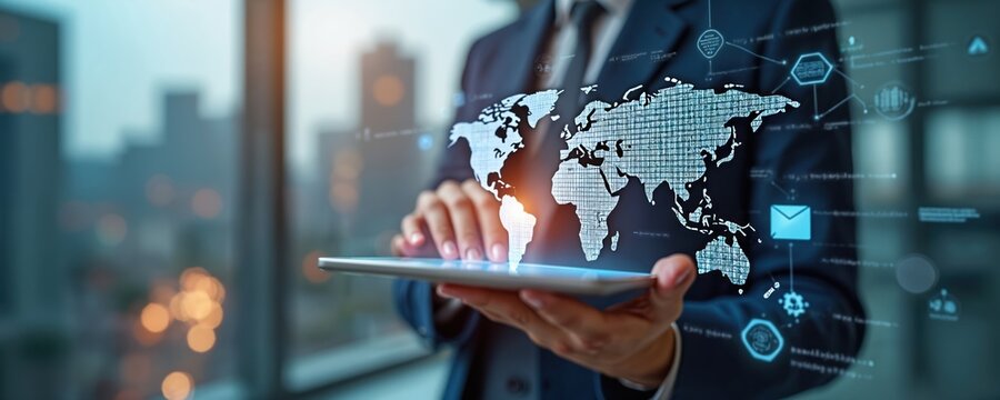 Man using tablet with global network connection. World map data exchange, IoT Internet of Things, digital marketing concepts. Corporate online business, cyber security, cloud computing, software,