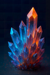 Luminous crystal formation radiating blue and orange light in dark space