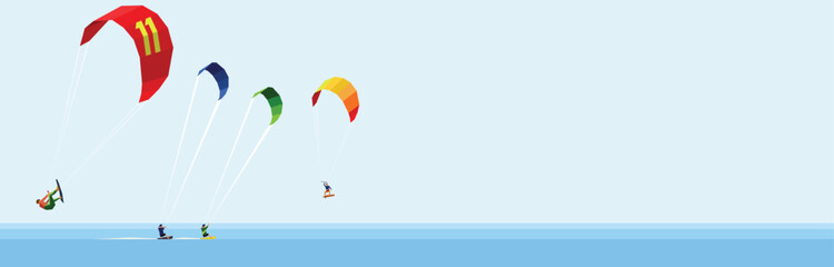 Colorful kite surfers riding and jumping over the sea in a flat vector style.