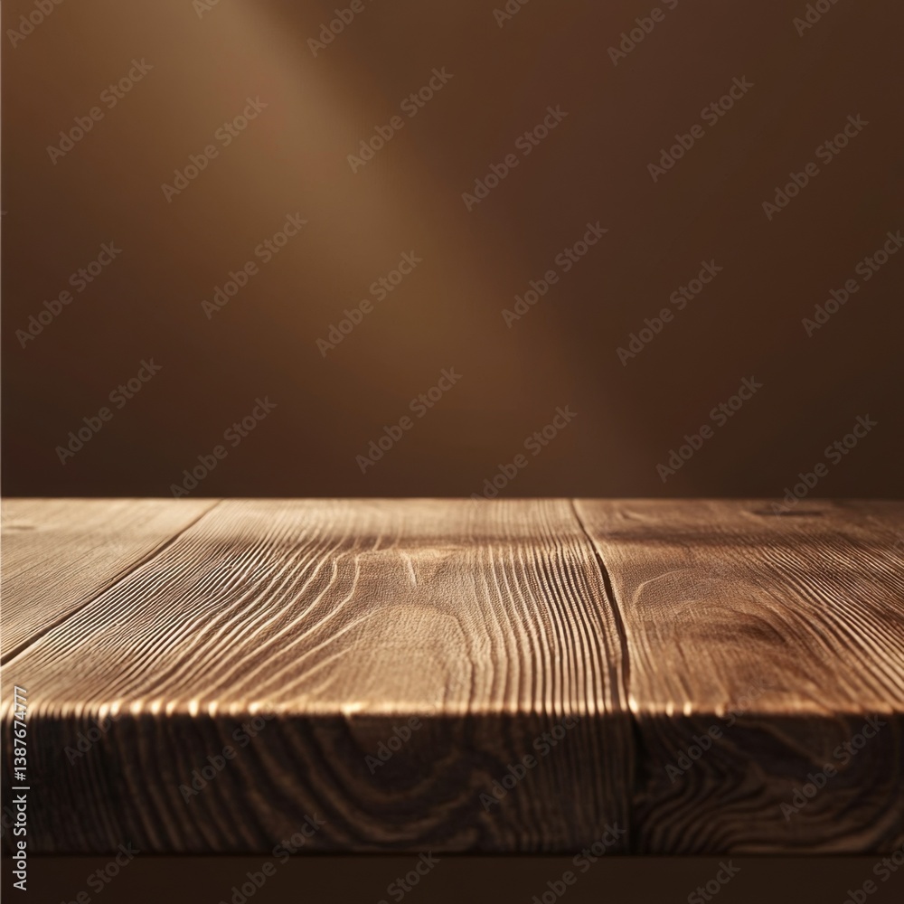 Poster a close-up of an empty wooden table with warm lighting against a dark brown background, offering spa