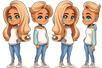 Vector set of cute little girl with different hairstyles in different poses