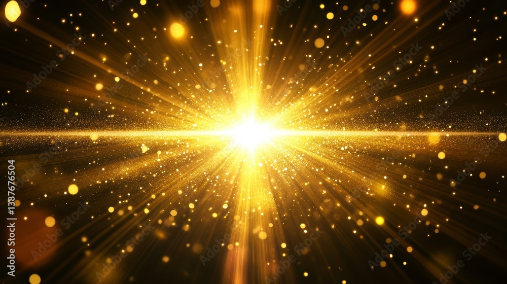 Poster bright golden light burst explosion with bokeh effect on black background.