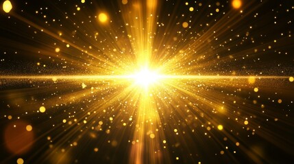 Bright golden light burst explosion with bokeh effect on black background.